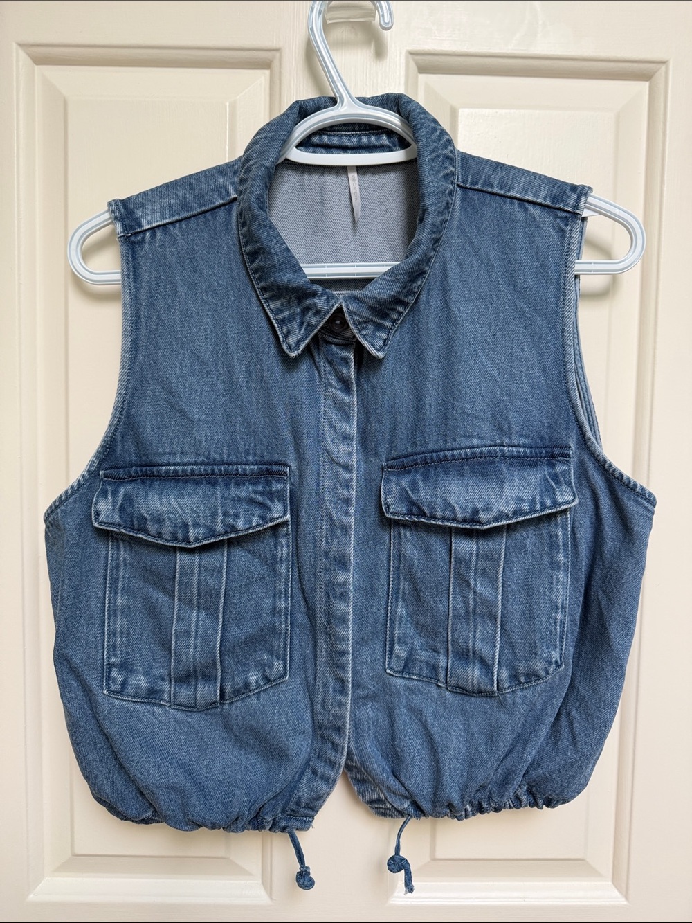 YF&B Young Fab & Broke sz L Denim Drawstring Utility Crop Vest - med-blue
